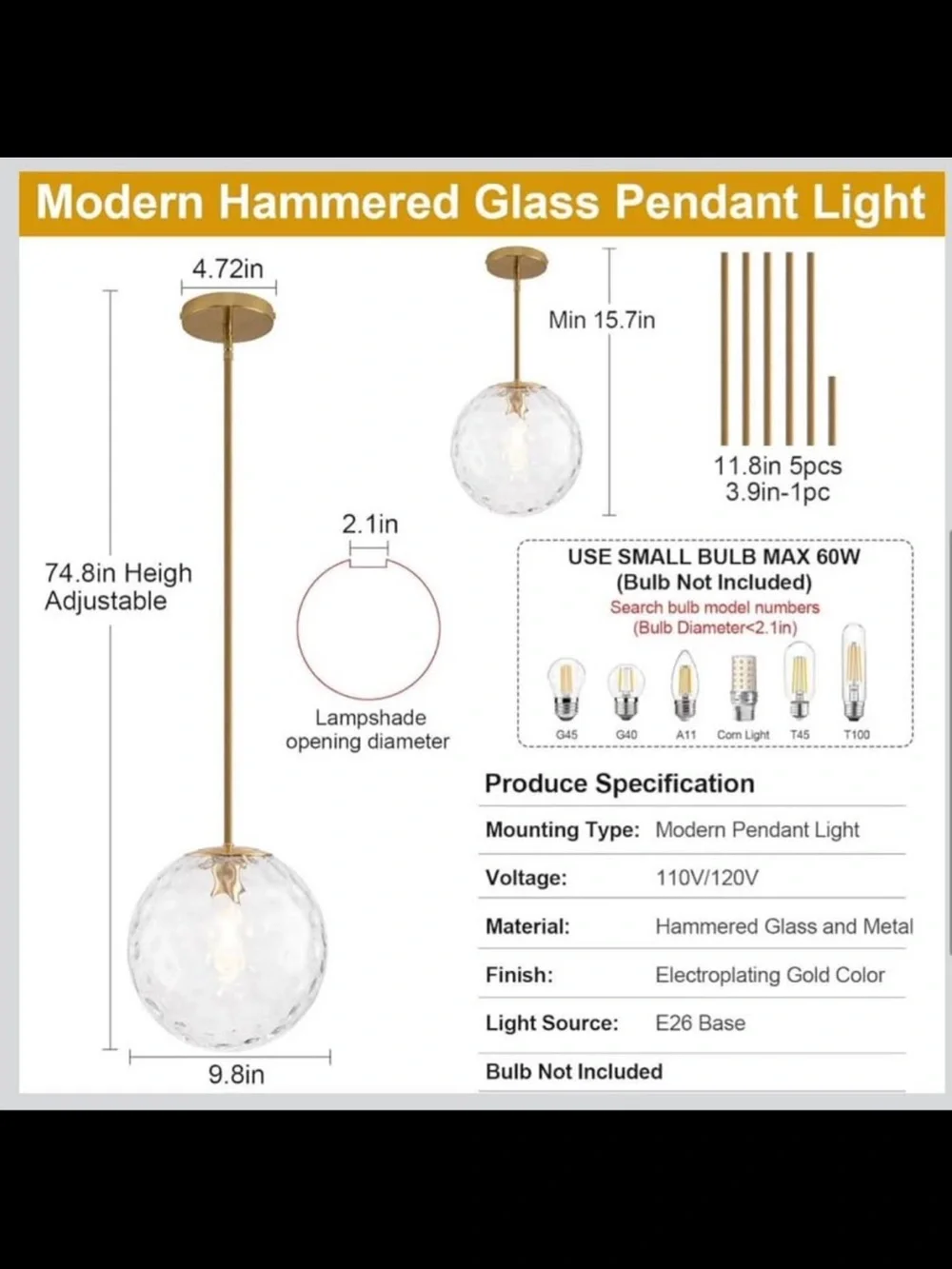 NEW Clear Hammered Glass Pendant Light with Gold Accent - Modern Home Lighting